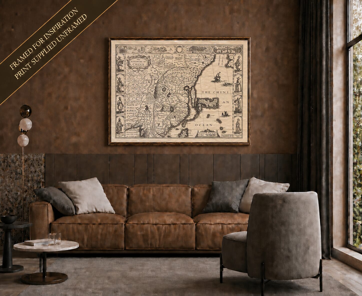 Old map of China shown framed on a living-room wall