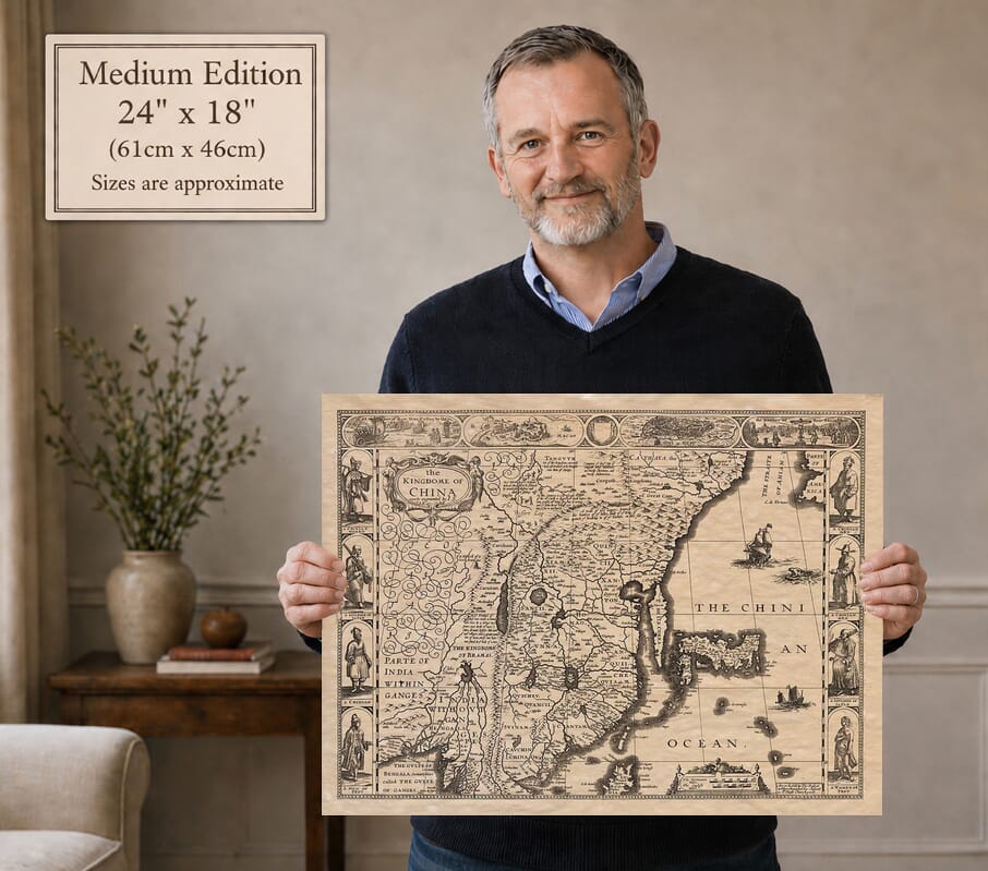 Model holding the Medium Edition old map of China
