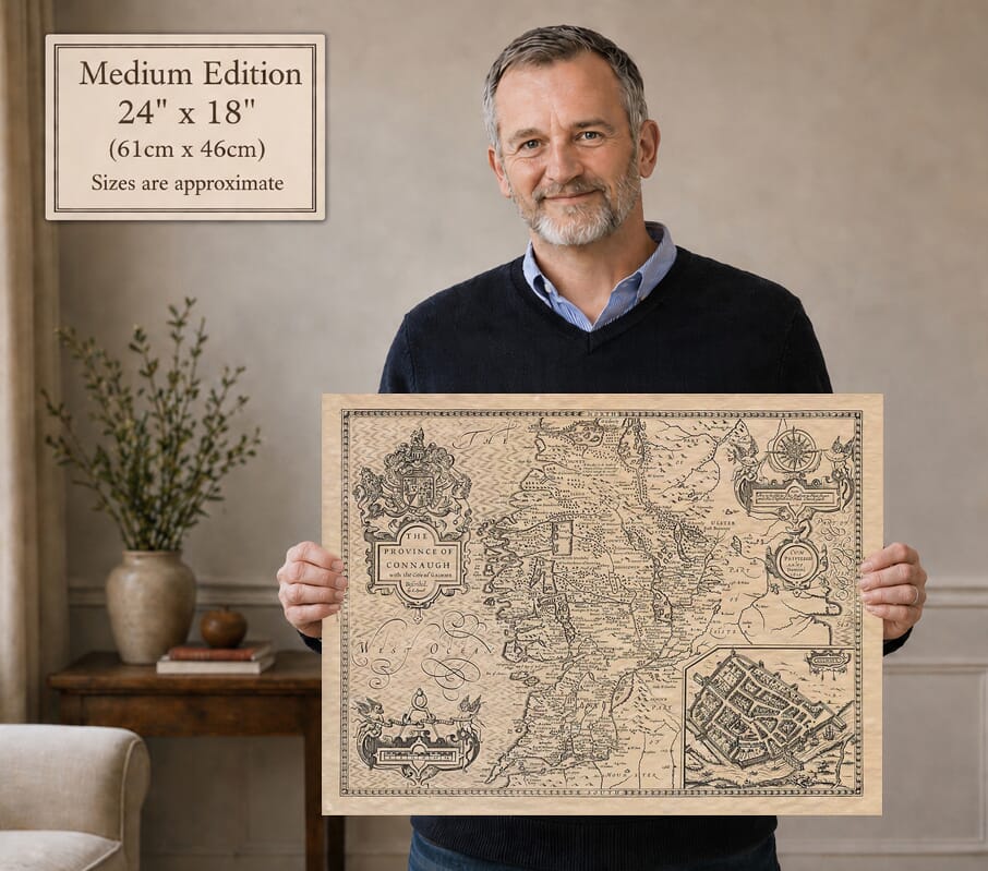 Model holding the Medium Edition old map of Connacht
