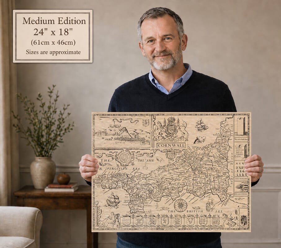 Model holding the Medium Edition old map of Cornwall