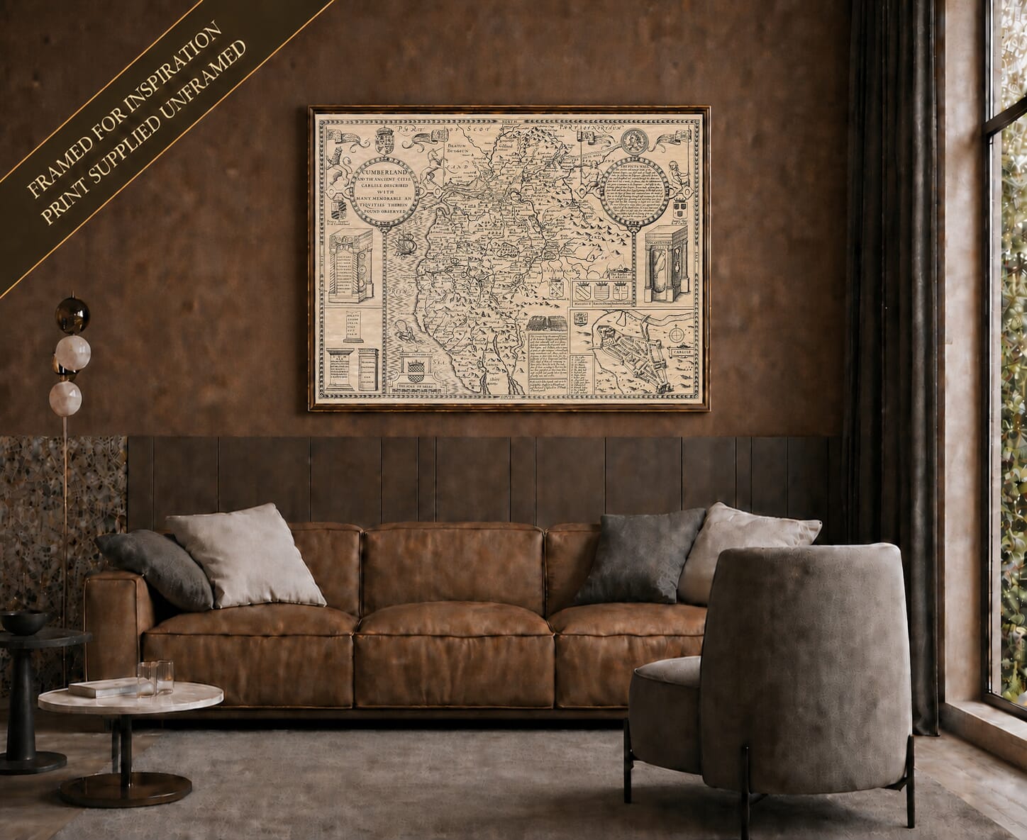Old map of Cumberland shown framed on a living-room wall