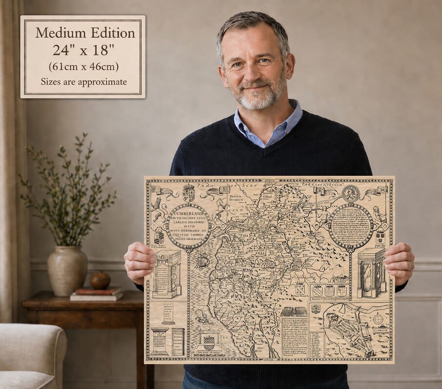 Model holding the Medium Edition old map of Cumberland