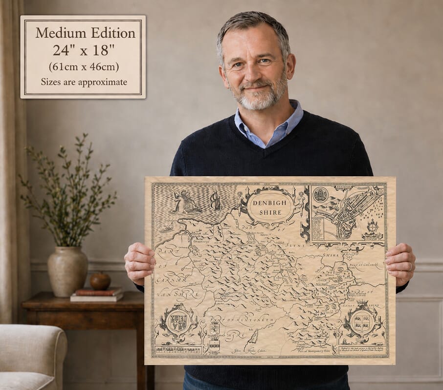 Model holding the Medium Edition old map of Denbighshire