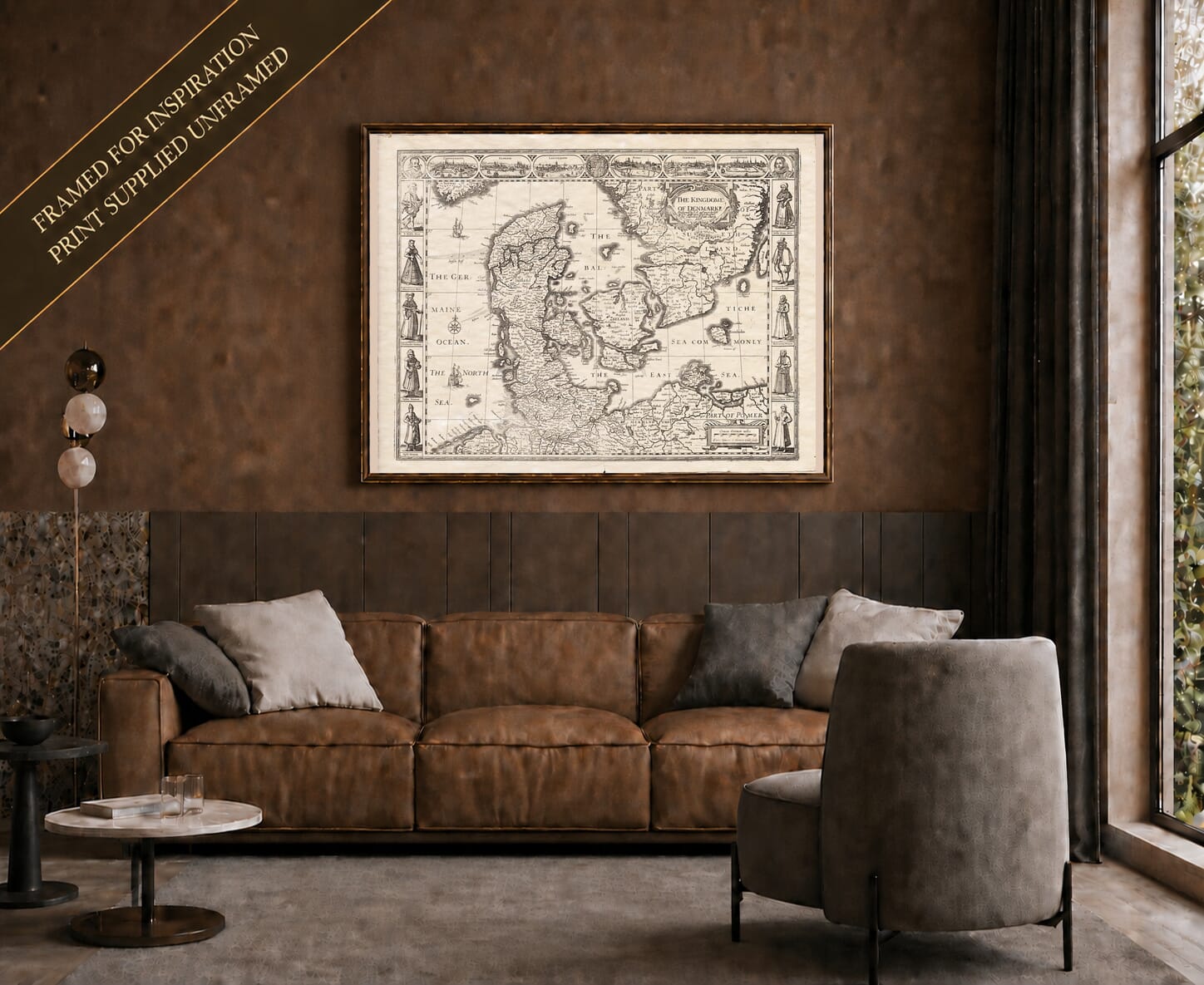 Old map of Denmark shown framed on a living-room wall
