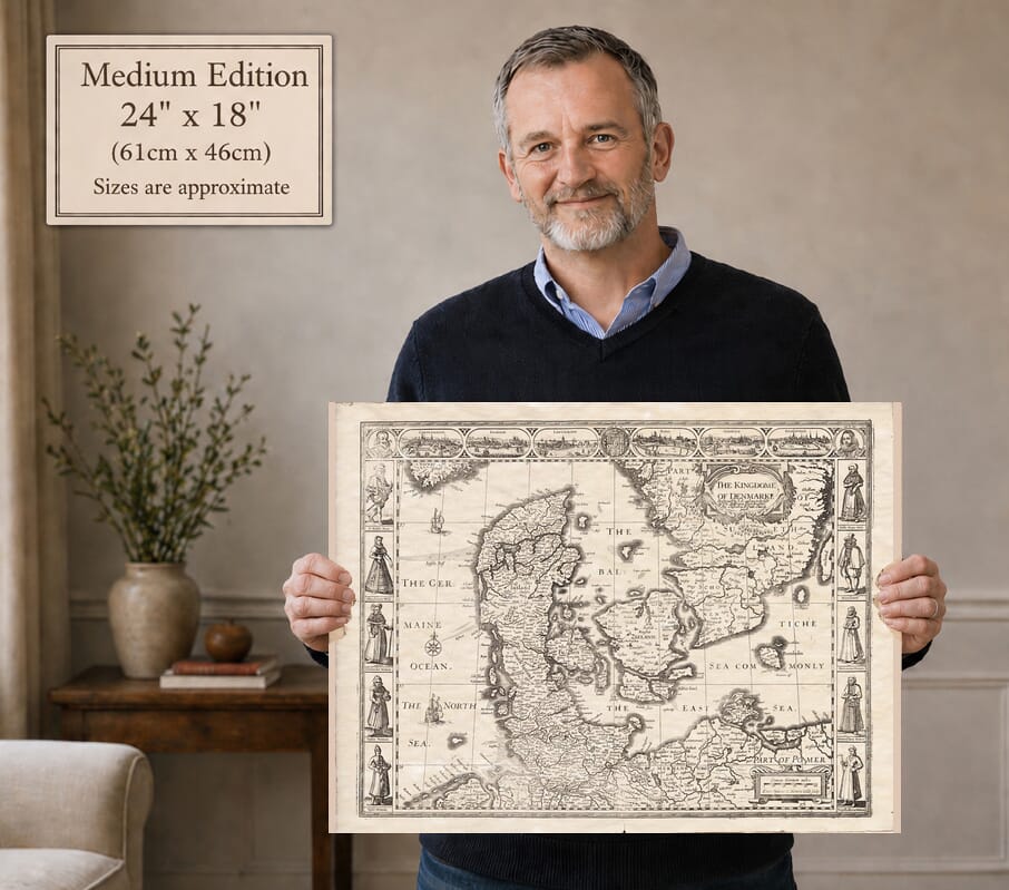 Model holding the Medium Edition old map of Denmark