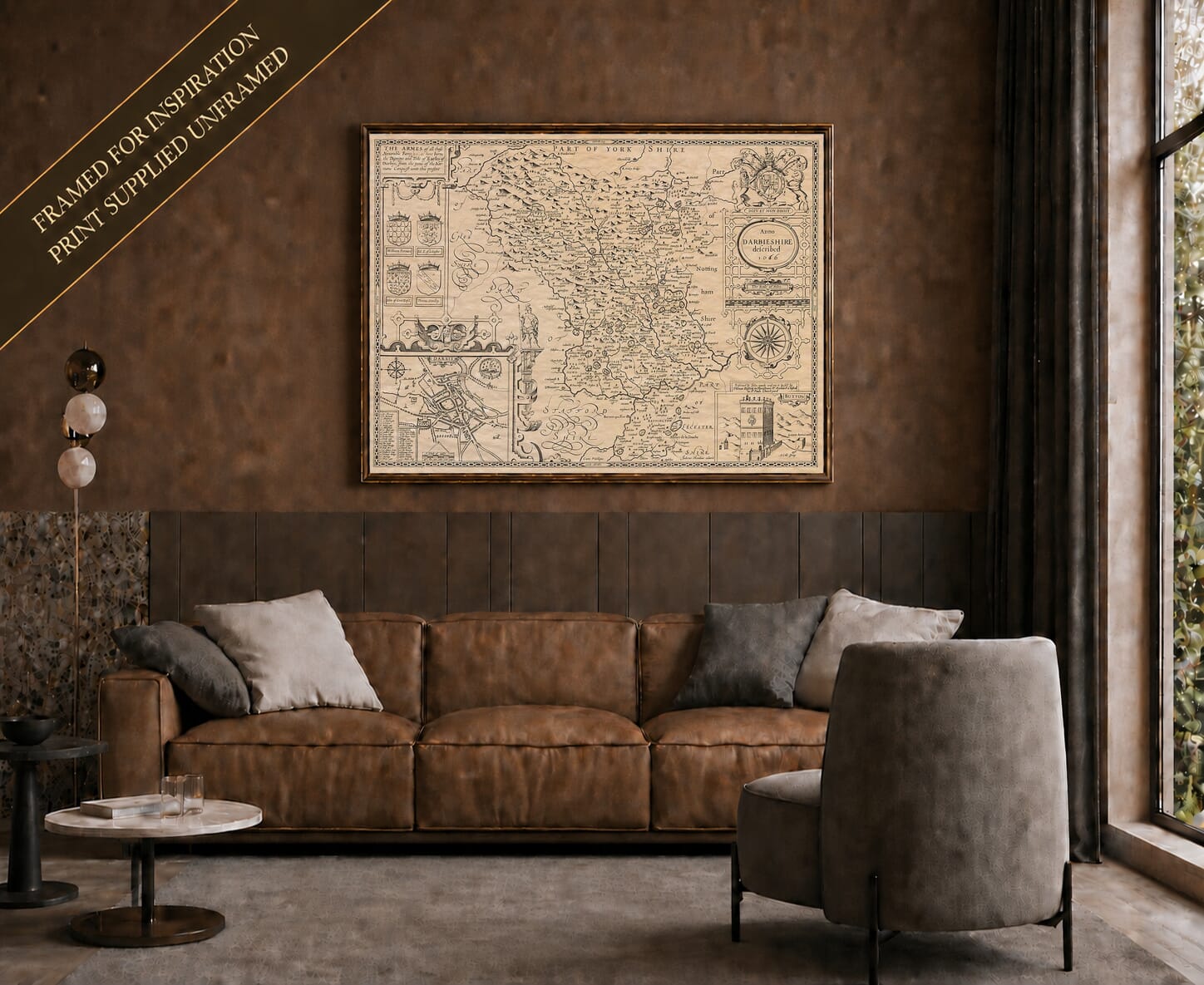 Old map of Derbyshire shown framed on a living-room wall