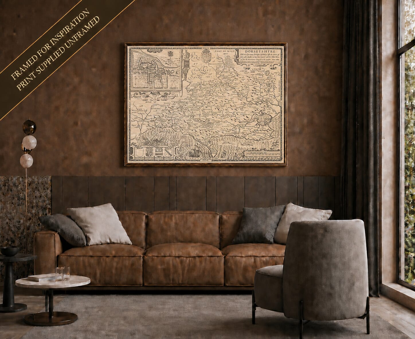 Old map of Dorset shown framed on a living-room wall