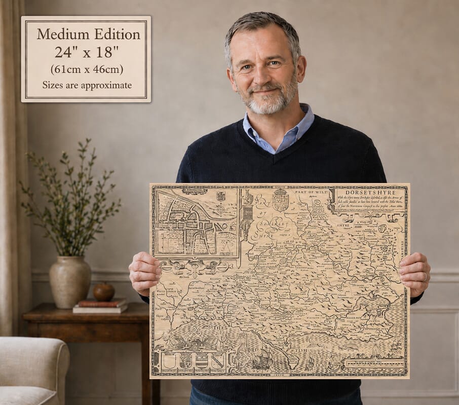 Model holding the Medium Edition old map of Dorset