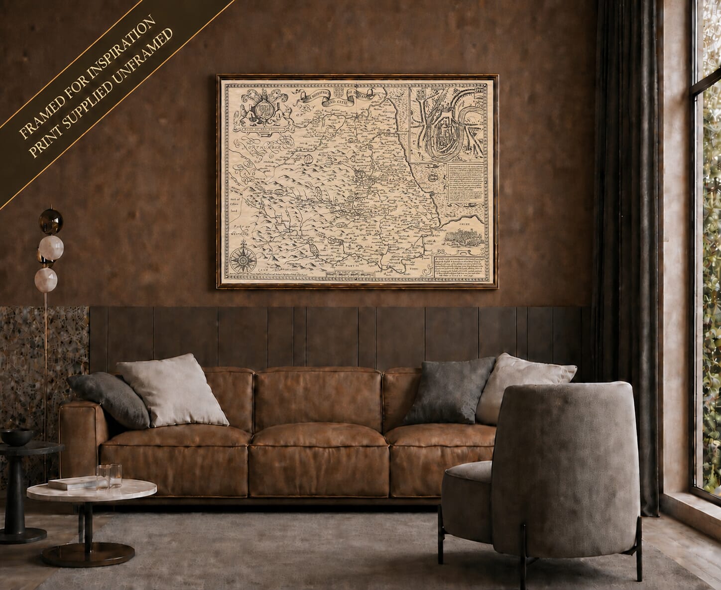 Old map of Durham shown framed on a living-room wall