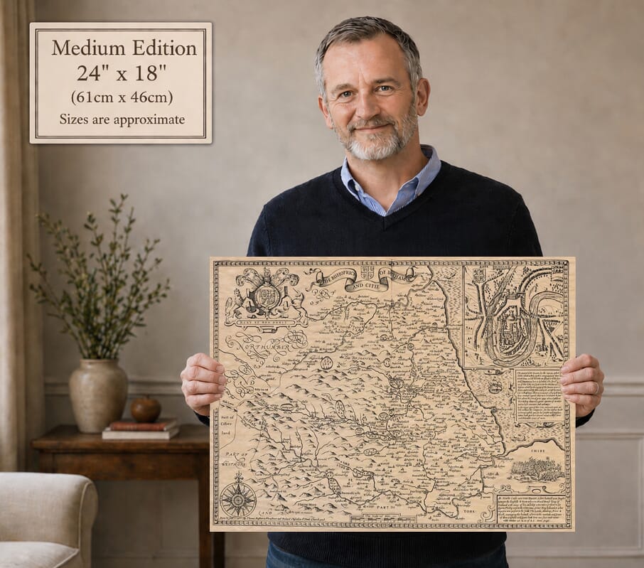 Model holding the Medium Edition old map of Durham