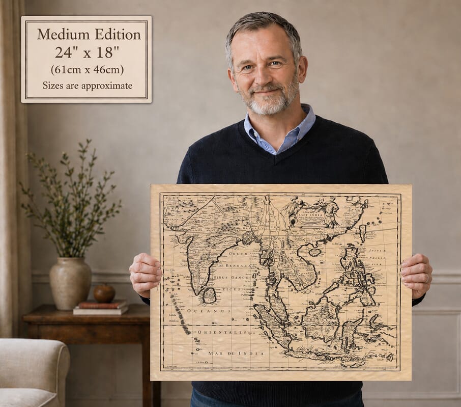 Model holding the Medium Edition old map of East India