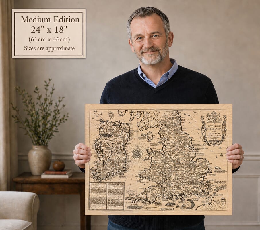 Model holding the Medium Edition old map of England and Ireland showing invasions and civil wars