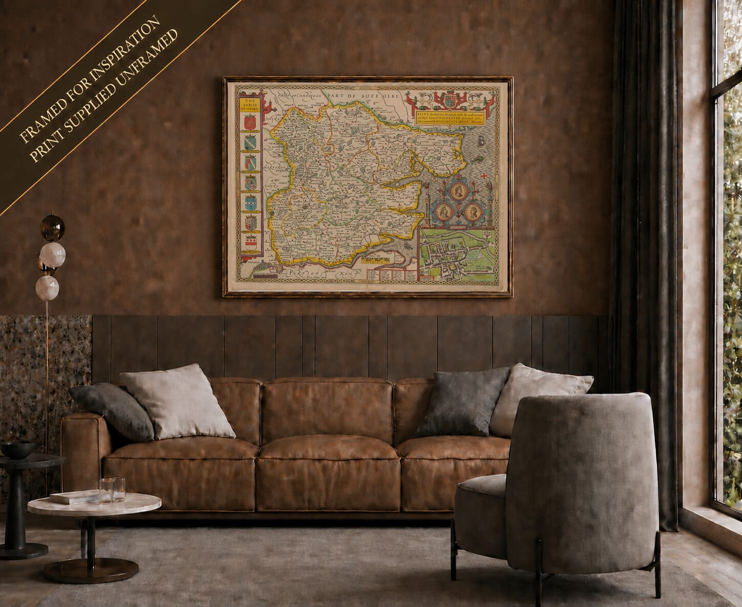 Old map of Essex Coloured shown framed on a living-room wall