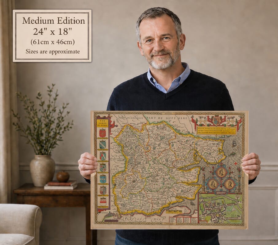 Model holding the Medium Edition old map of Essex Coloured