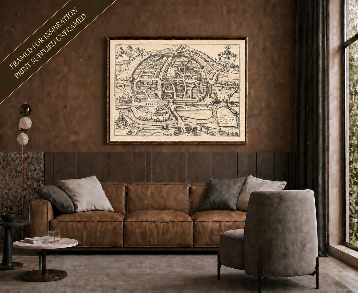 Old map of Exeter shown framed on a living-room wall