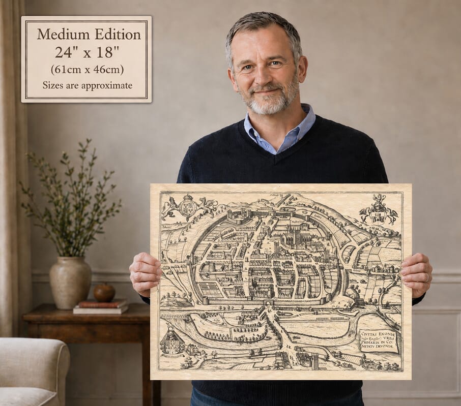 Model holding the Medium Edition old map of Exeter