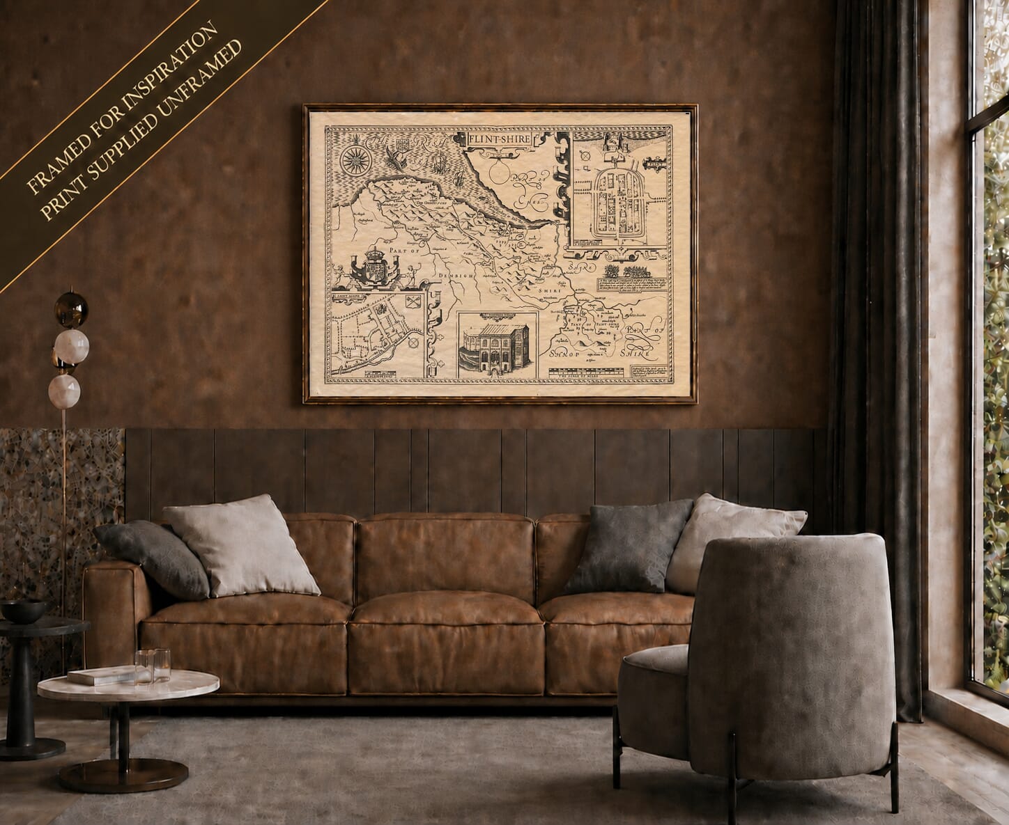 Old map of Flintshire shown framed on a living-room wall