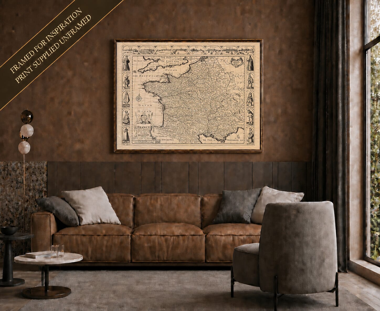 Old map of France shown framed on a living-room wall