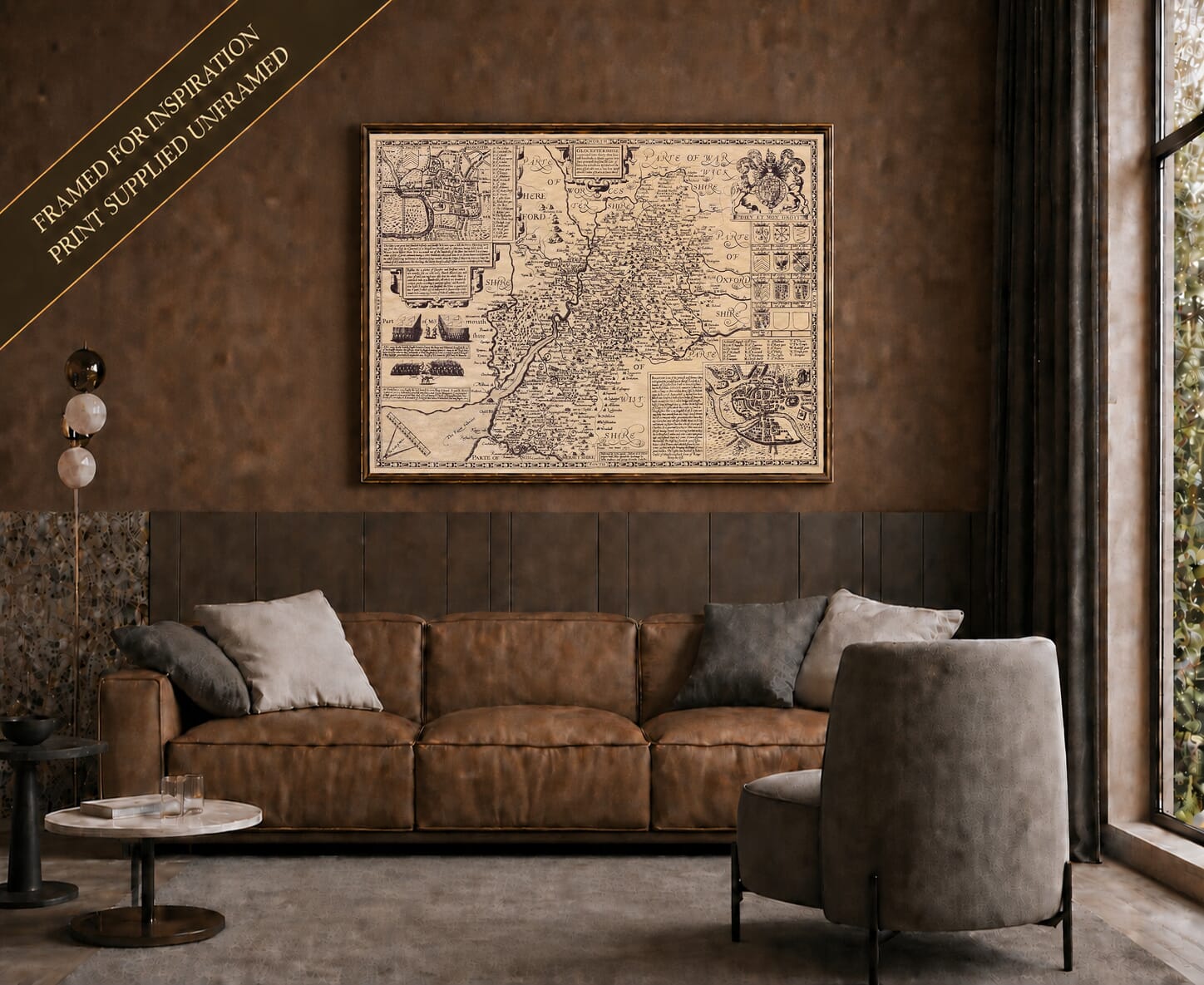 Old map of Gloucestershire shown framed on a living-room wall