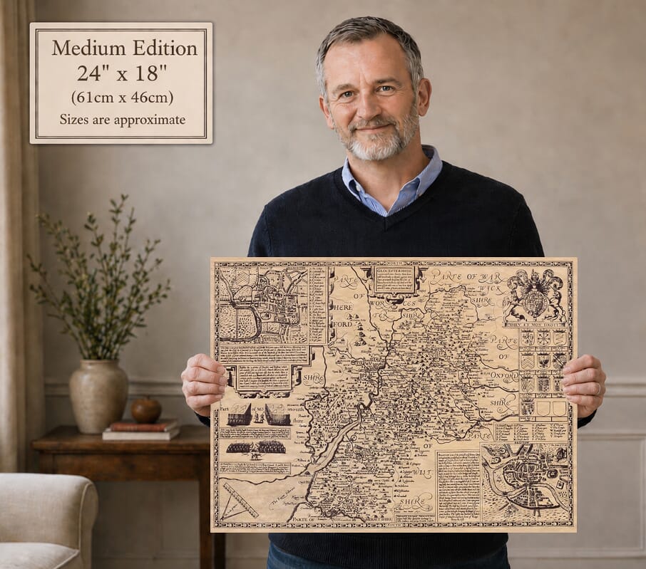 Model holding the Medium Edition old map of Gloucestershire