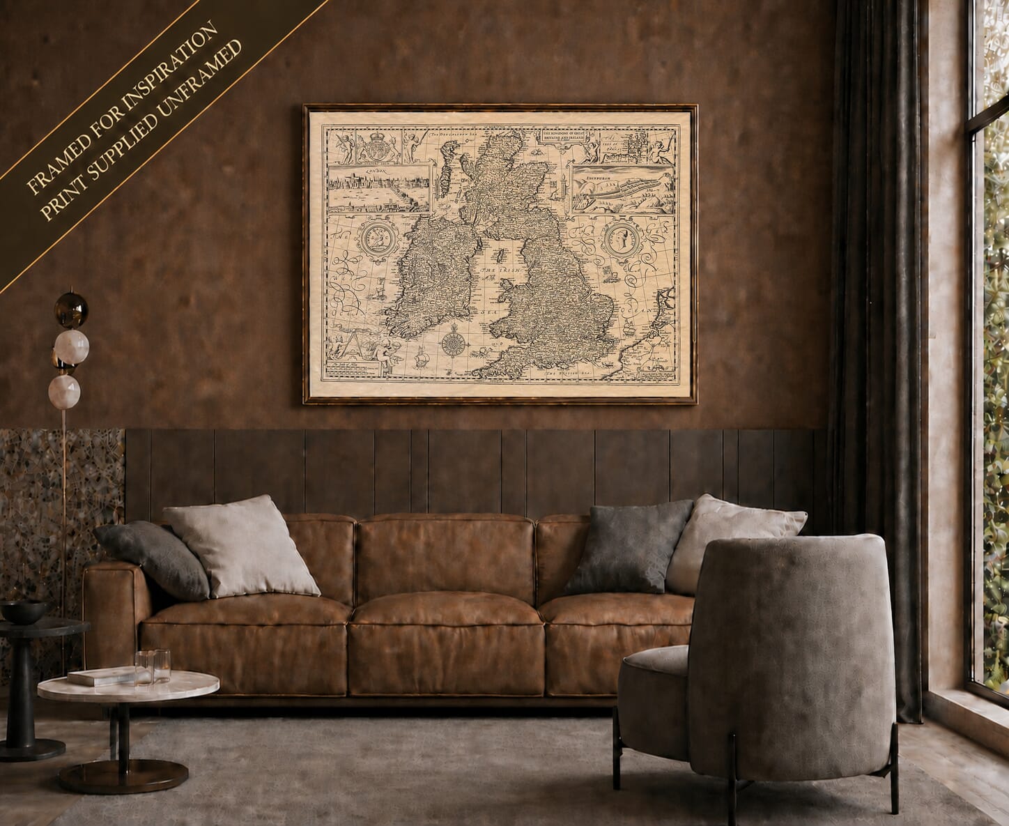 Old map of Great Britain shown framed on a living-room wall