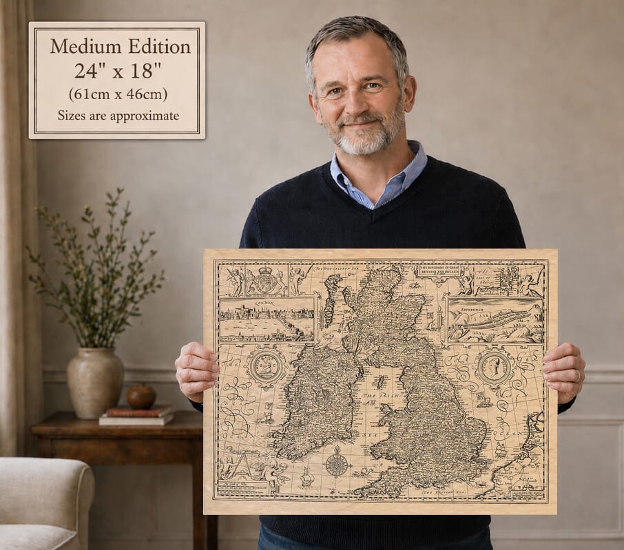 Model holding the Medium Edition old map of Great Britain