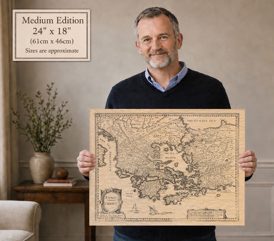 Model holding the Medium Edition old map of Greece