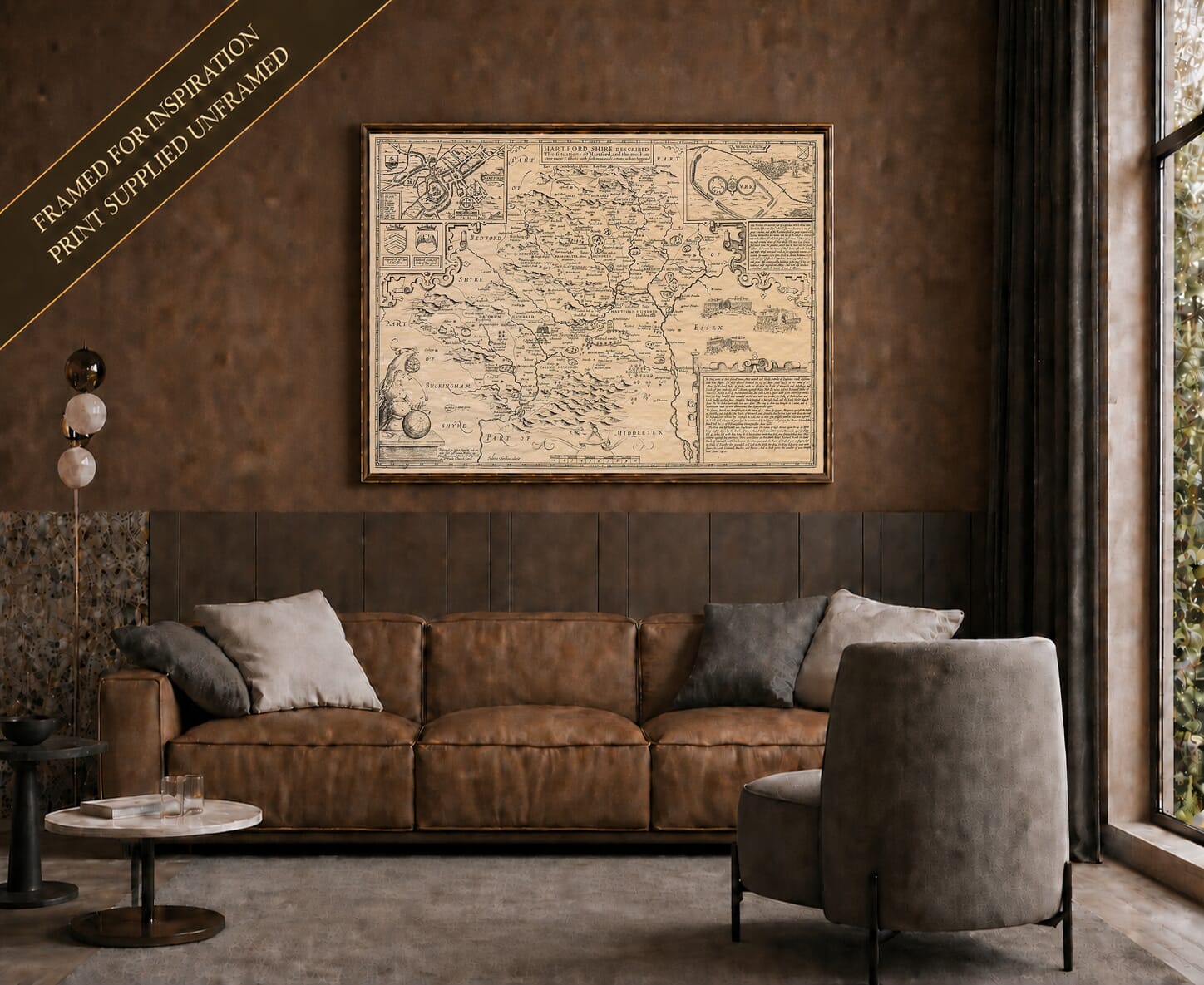 Old map of Hertfordshire shown framed on a living-room wall