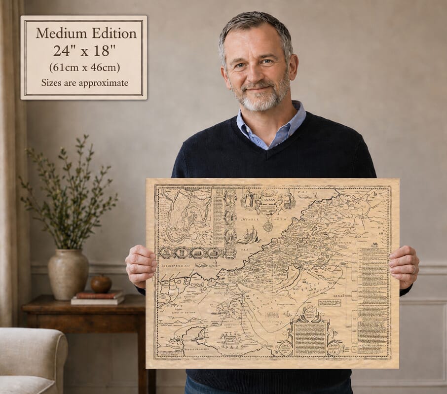 Model holding the Medium Edition old map of Holy Land