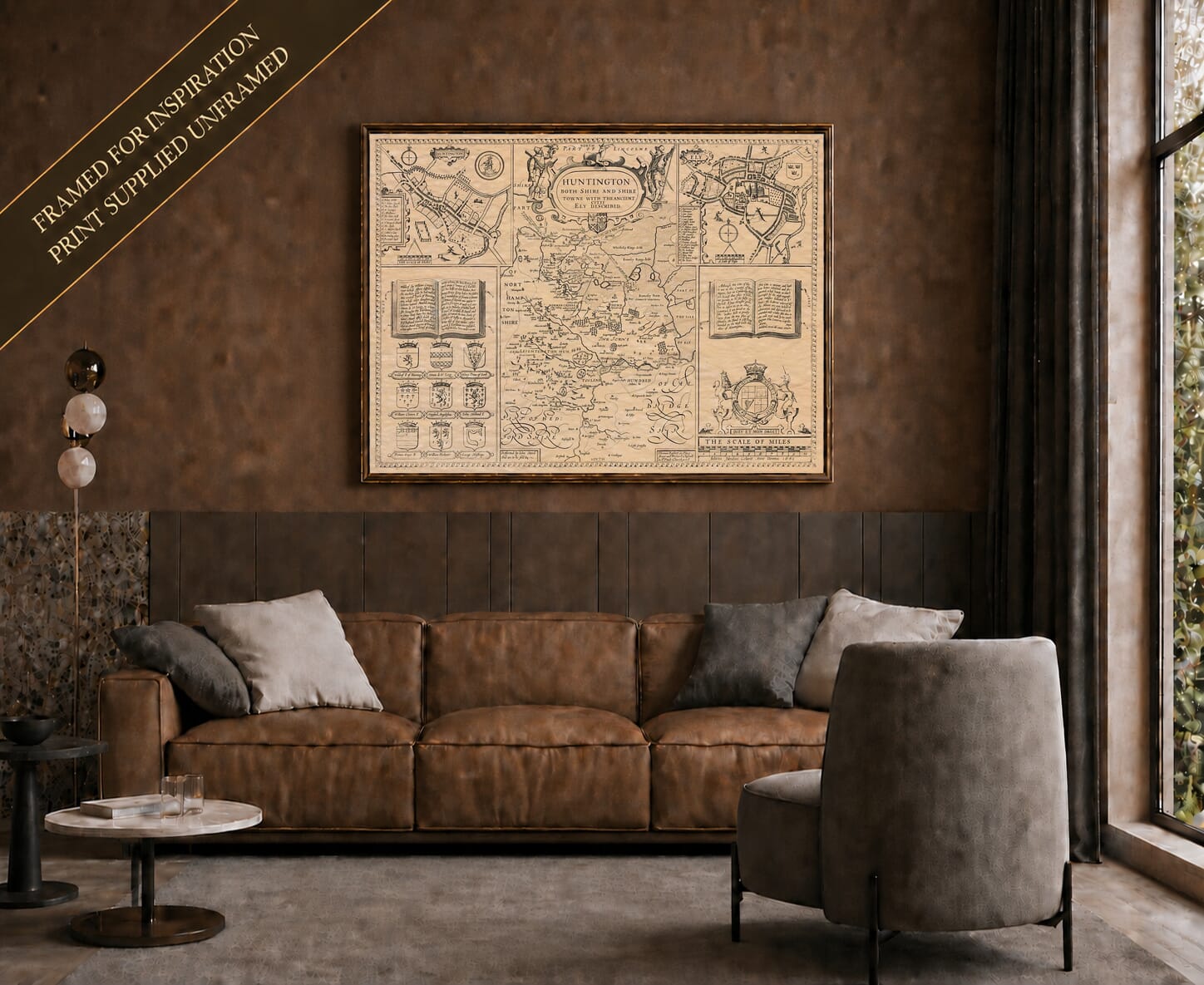Old map of Huntingdonshire shown framed on a living-room wall