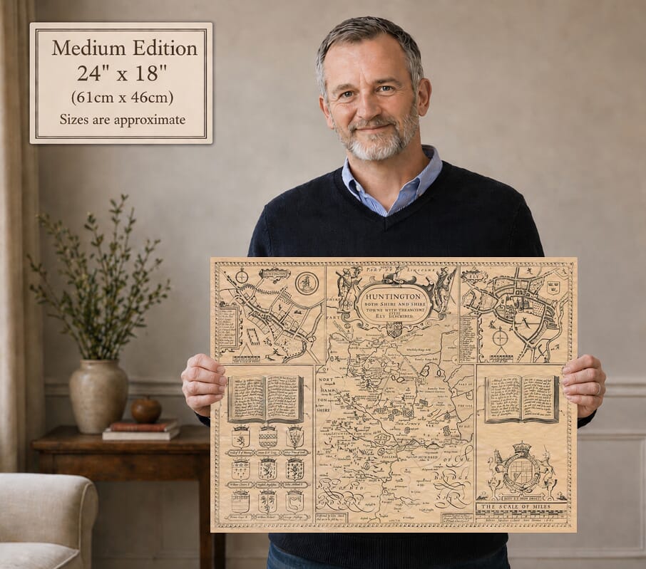 Model holding the Medium Edition old map of Huntingdonshire
