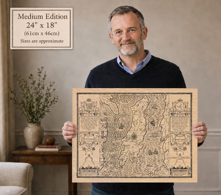 Model holding the Medium Edition old map of Isle Of Man