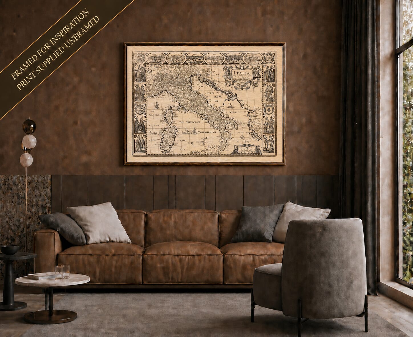 Old map of Italy shown framed on a living-room wall