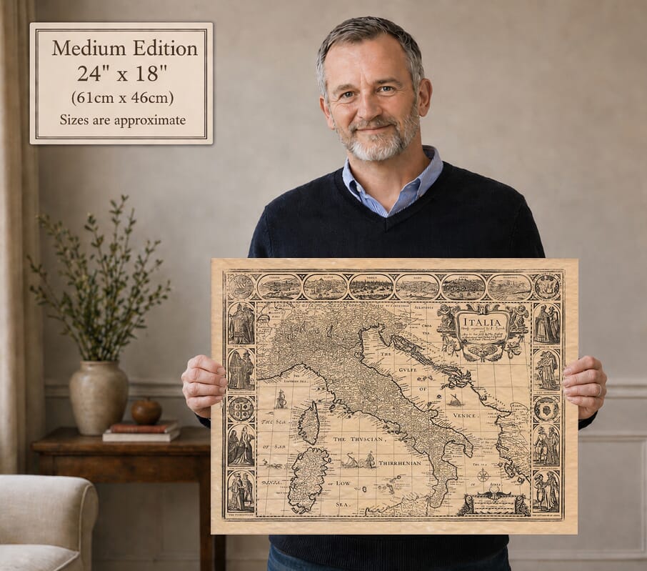 Model holding the Medium Edition old map of Italy