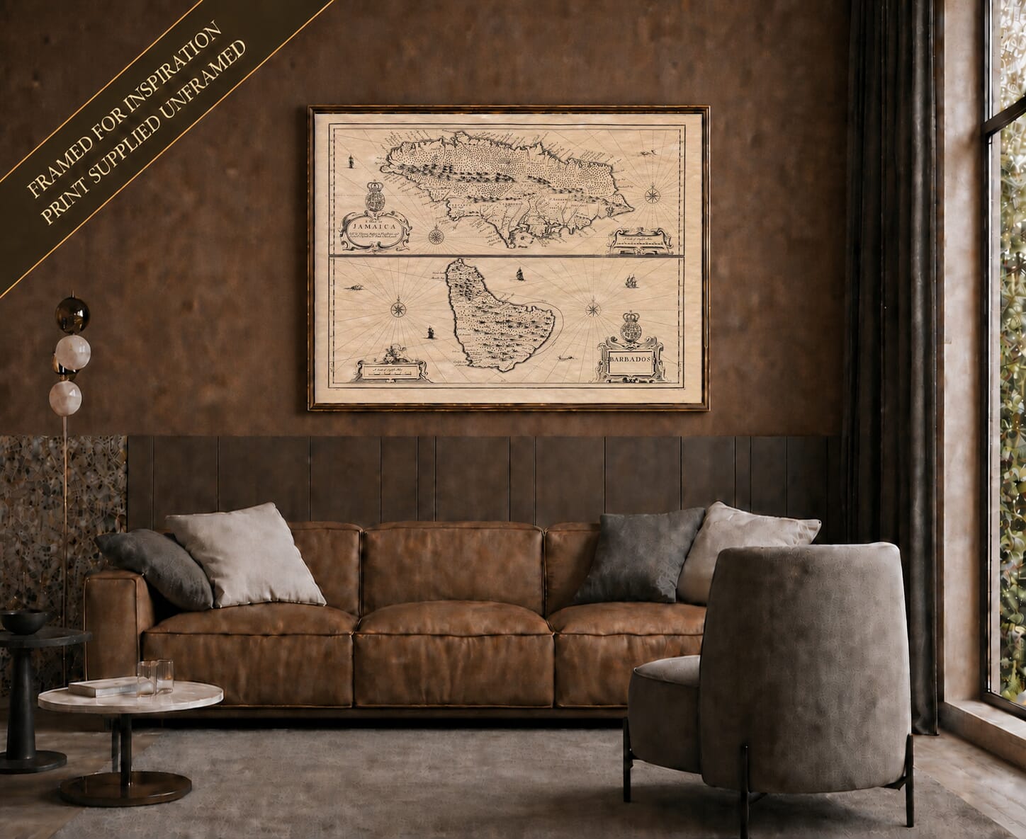 Old map of Jamaica And Barbados shown framed on a living-room wall