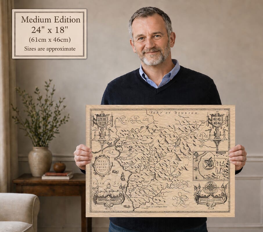 Model holding the Medium Edition old map of Merionethshire