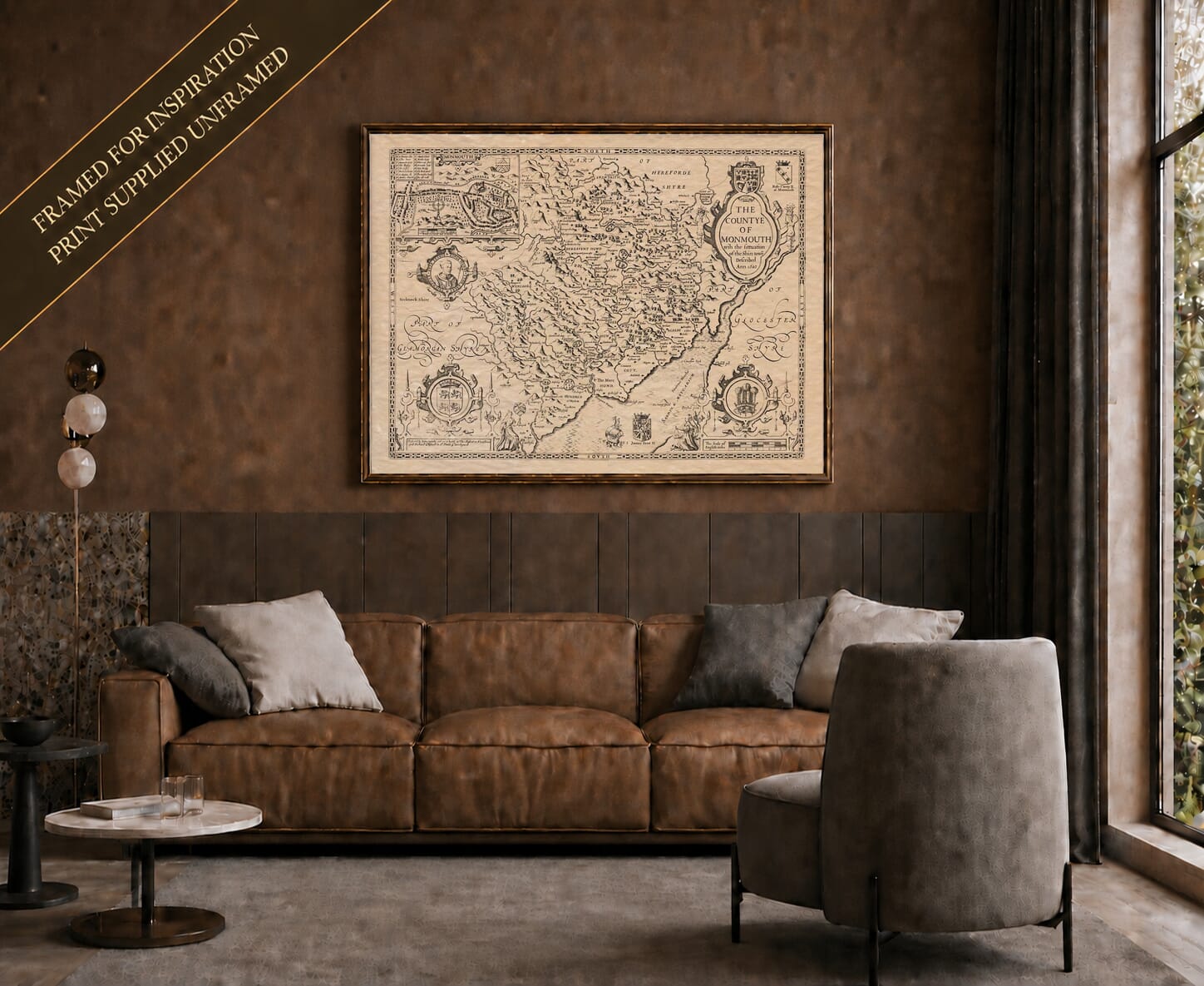 Old map of Monmouthshire shown framed on a living-room wall