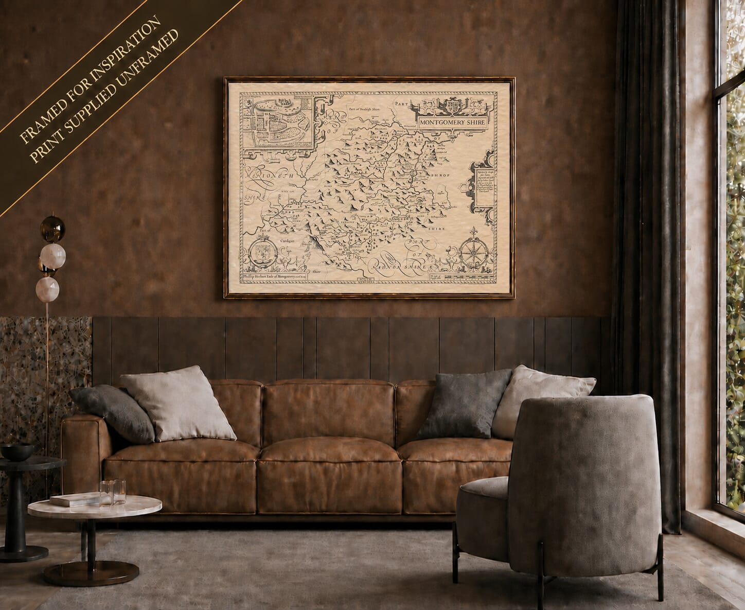 Old map of Montgomeryshire shown framed on a living-room wall