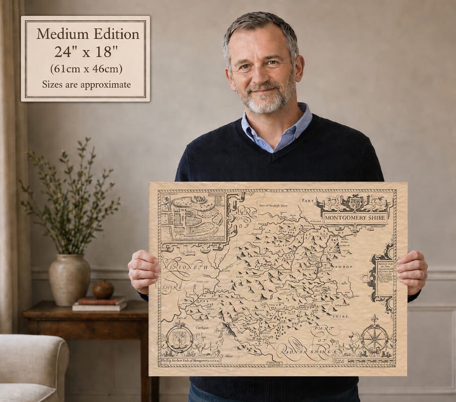Model holding the Medium Edition old map of Montgomeryshire