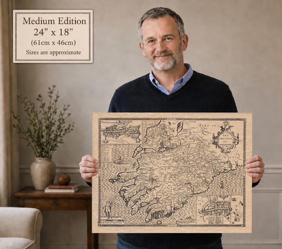 Model holding the Medium Edition old map of Munster