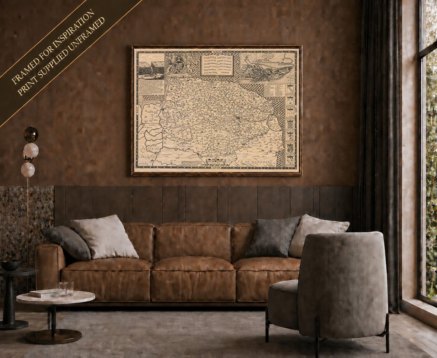 Old map of Norfolk shown framed on a living-room wall