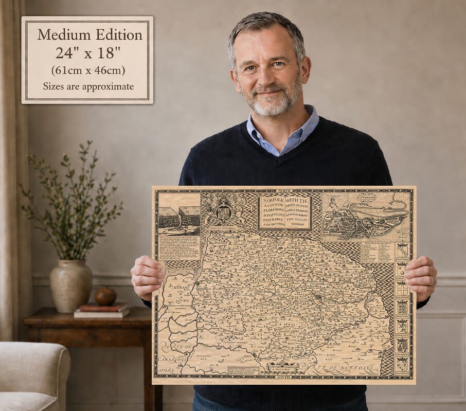 Model holding the Medium Edition old map of Norfolk