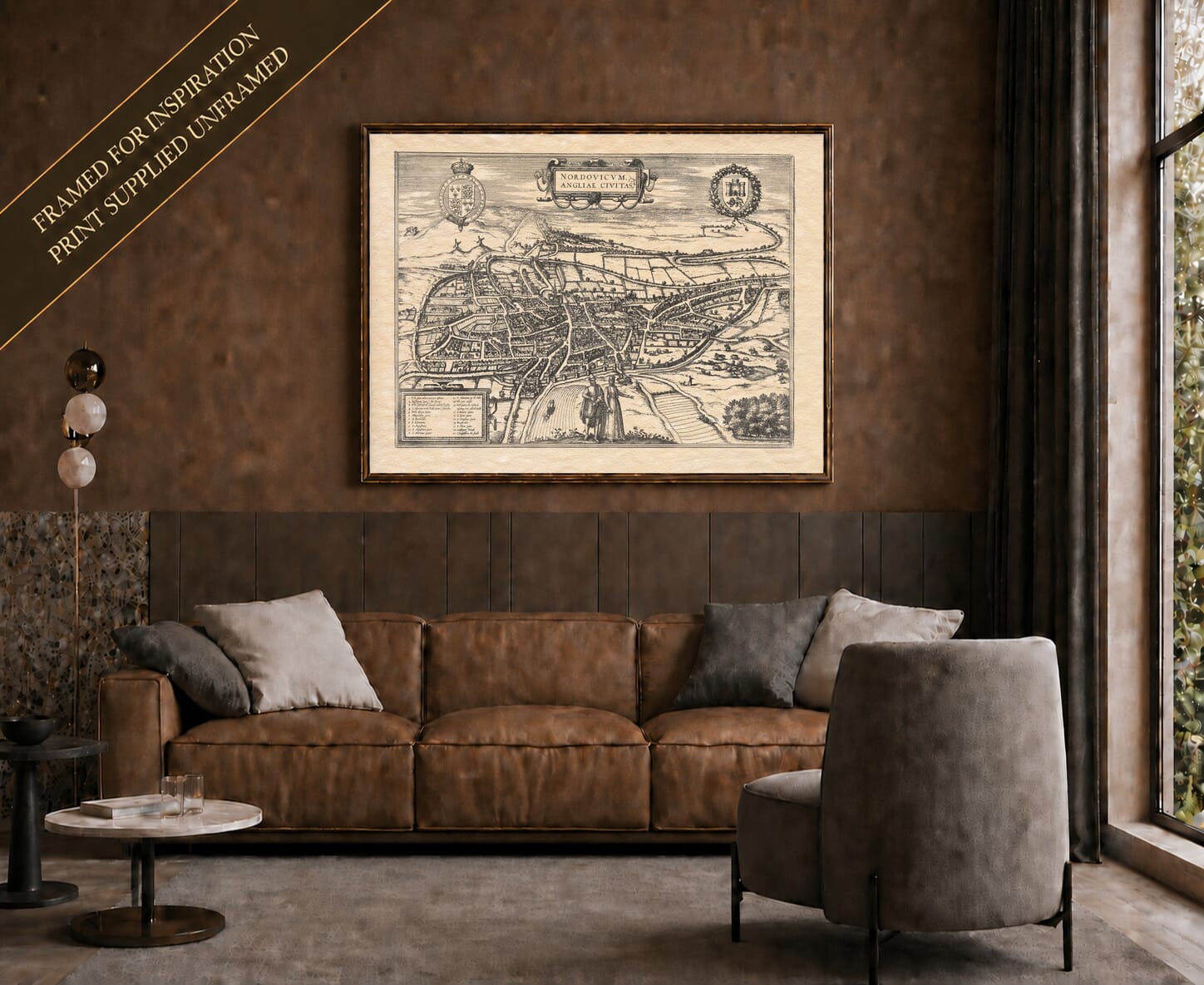 Old map of Norwich shown framed on a living-room wall