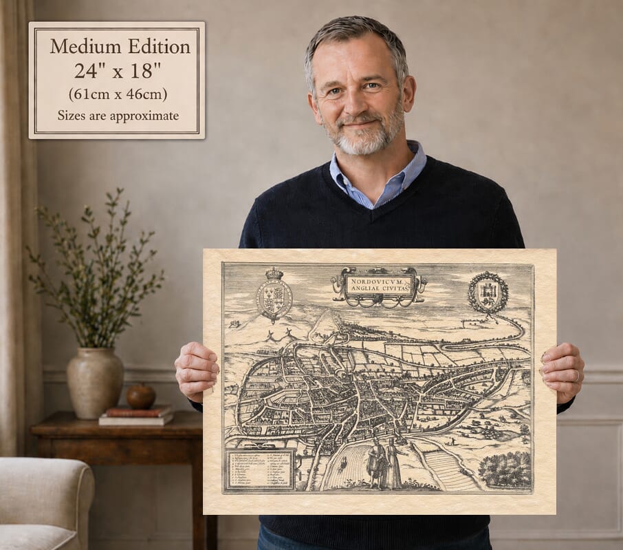 Model holding the Medium Edition old map of Norwich