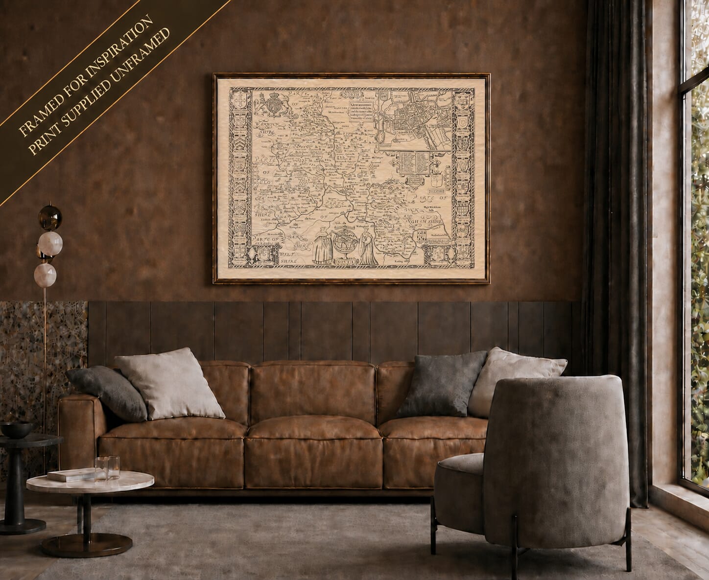 Old map of Oxfordshire shown framed on a living-room wall