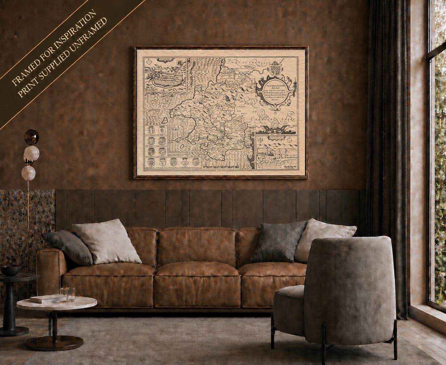 Old map of Pembrokeshire shown framed on a living-room wall