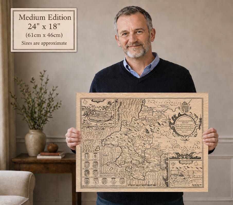 Model holding the Medium Edition old map of Pembrokeshire