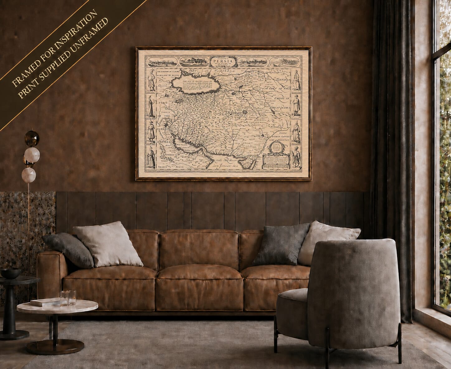 Old map of Persia shown framed on a living-room wall