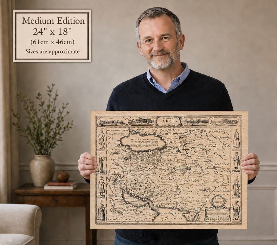 Model holding the Medium Edition old map of Persia