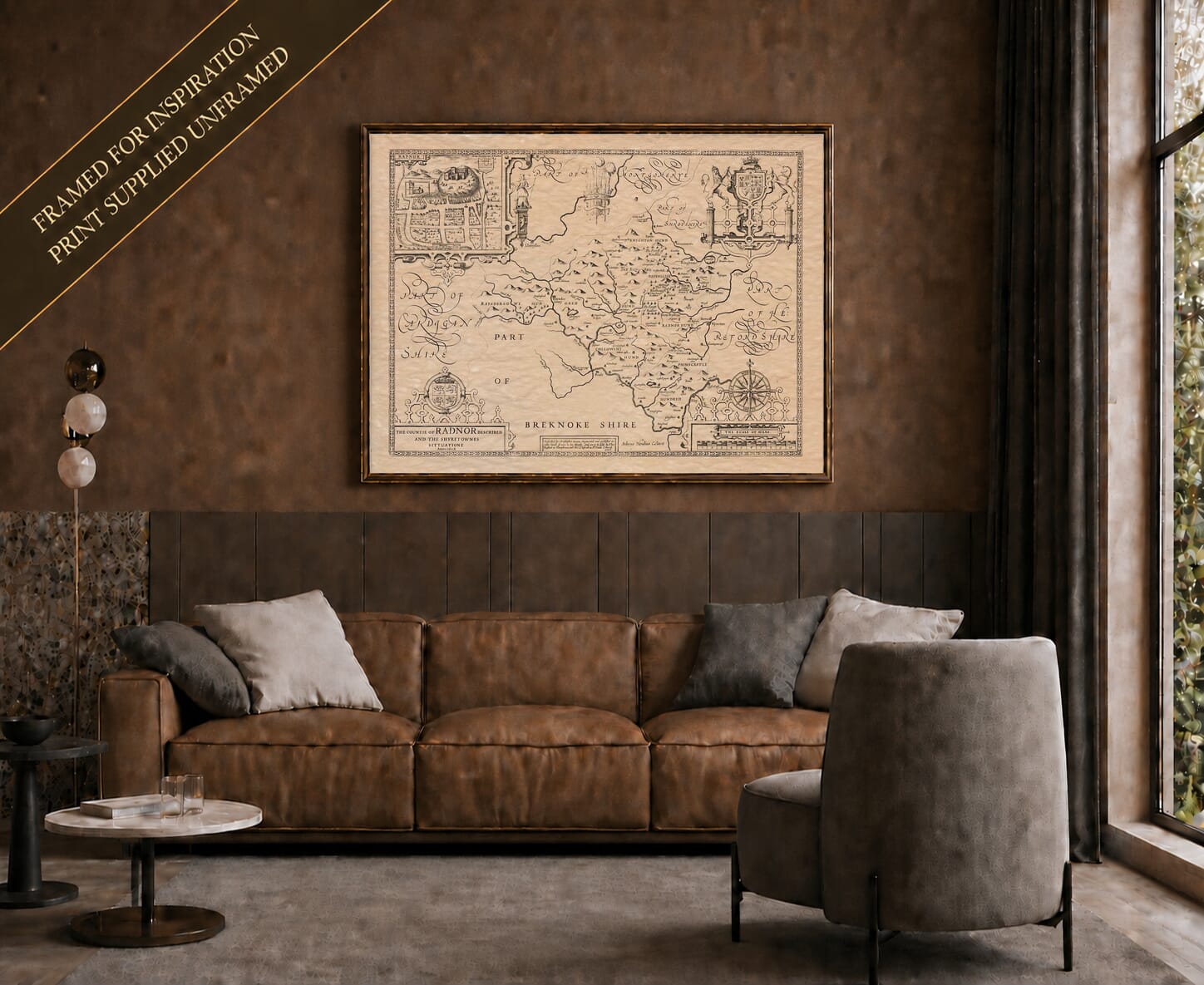 Old map of Radnorshire shown framed on a living-room wall